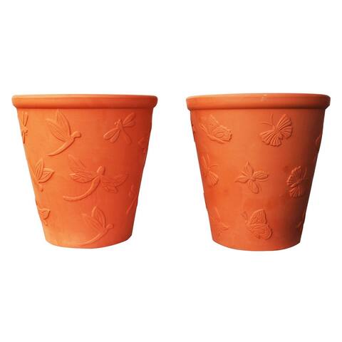Large Set of 2 Natural Terracotta Garden Pots Butterfly and Dragonfly Embellished - 8.7" x 8.85"