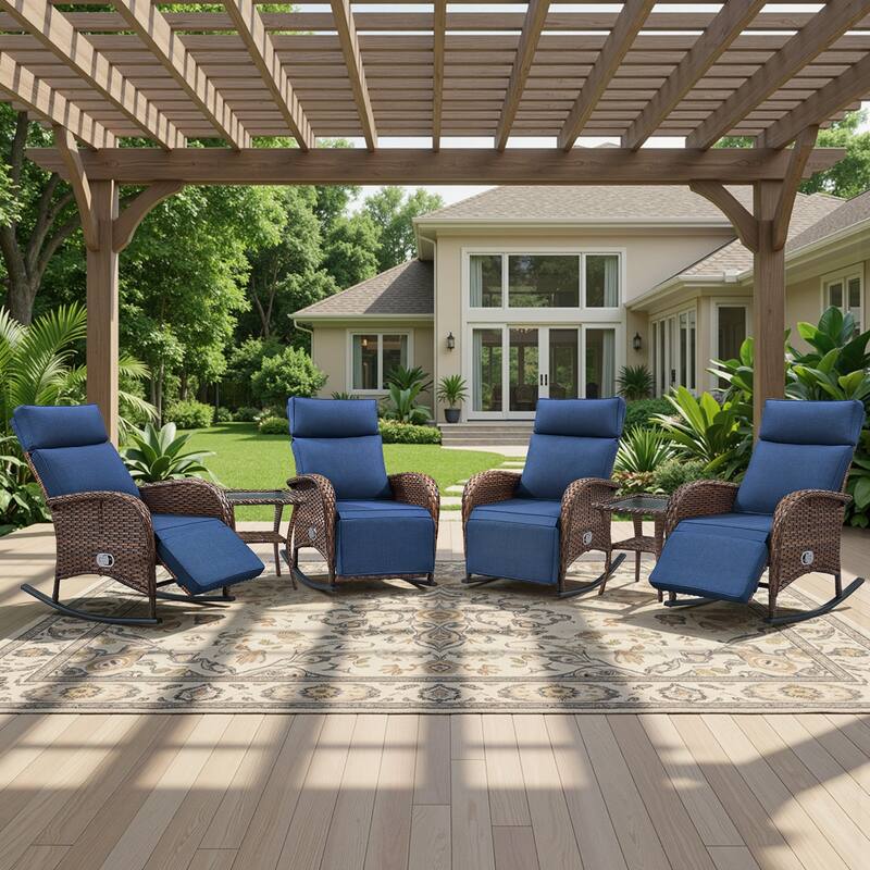 Meyreso 6-Piece Wicker Rocking Reclining Chaise Lounge with Adjustable Backrest & Footrest