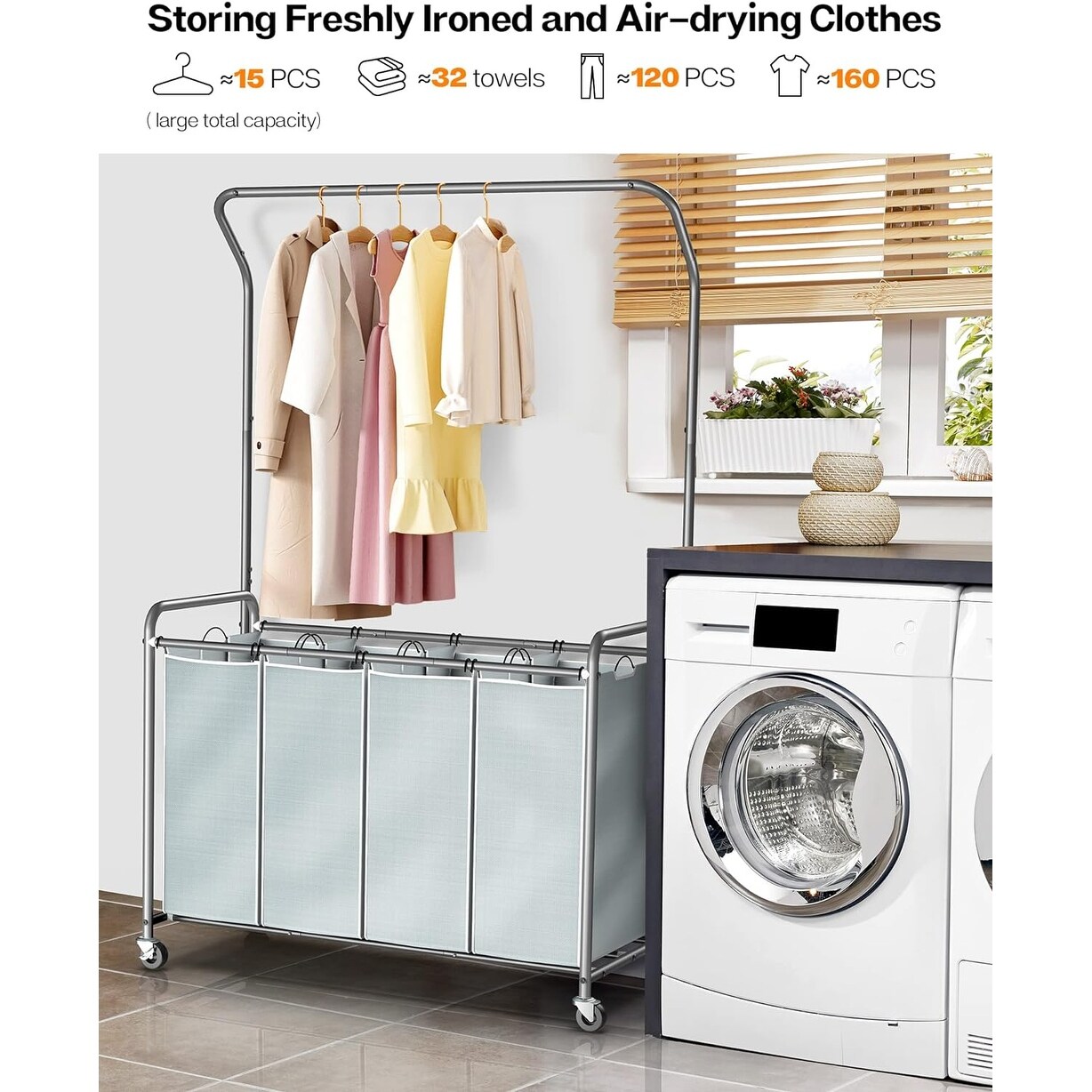 4 Compartments Laundry Basket with rolling lockable wheels Laundry Hamper Organizer Grey