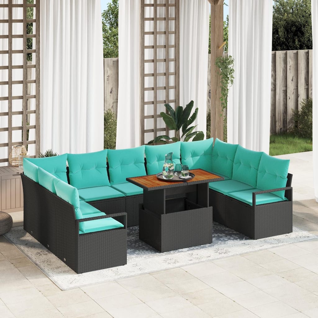 vidaXL 10 Piece Garden Sofa Set with Cushions Black Poly Rattan - 113.8×69.7×27.2