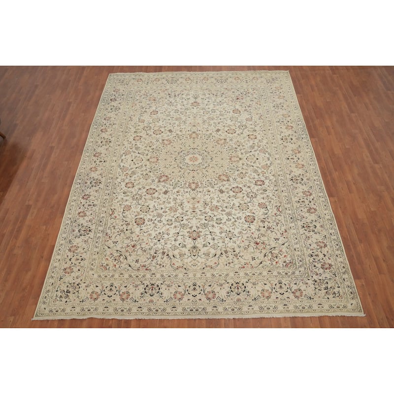 Hand Knotted Oriental 100% Wool Carpet Traditional Floral Beige & Ivories Kashan Area Rug - 13' 1'' X 9' 9''