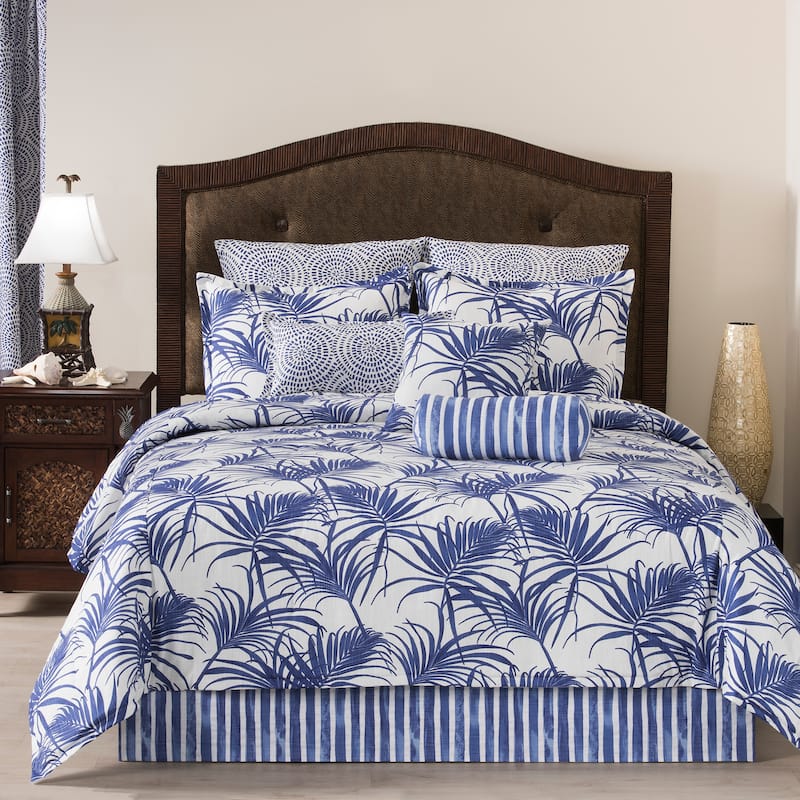 Martinique royal blue color tropical leaves comforter mini set