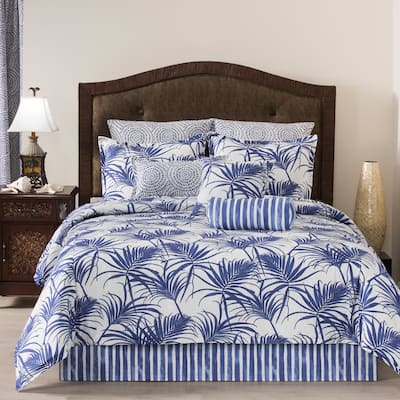 Martinique royal blue color tropical leaves comforter mini set