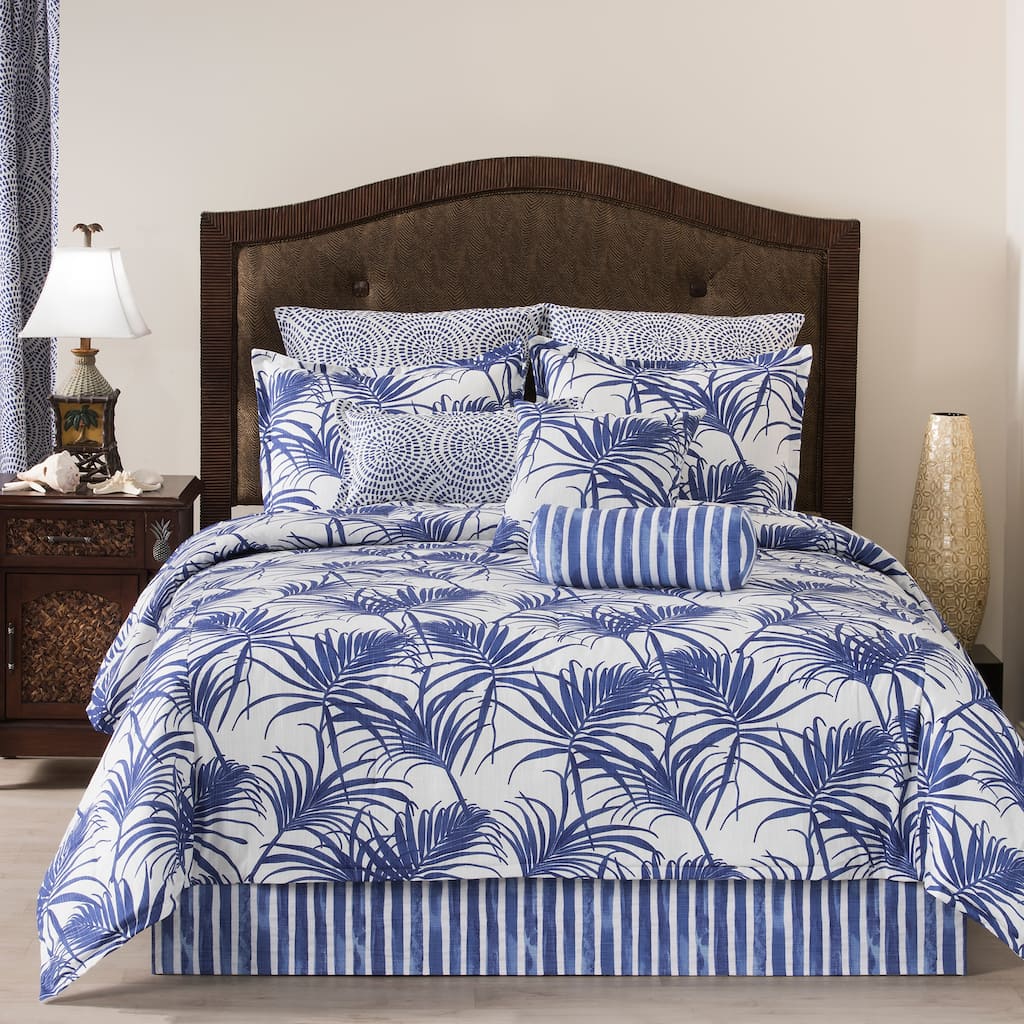 Martinique royal blue color tropical leaves comforter mini set
