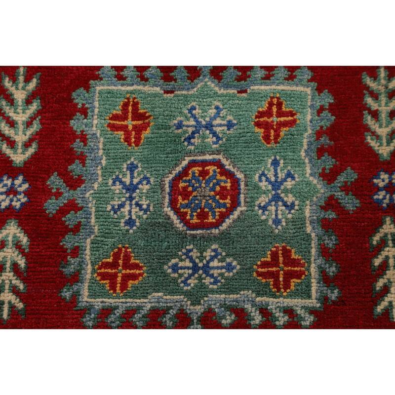 Red Geometric Kazak Oriental Foyer Rug Hand-Knotted Wool Carpet - 3'4" x 5'0"