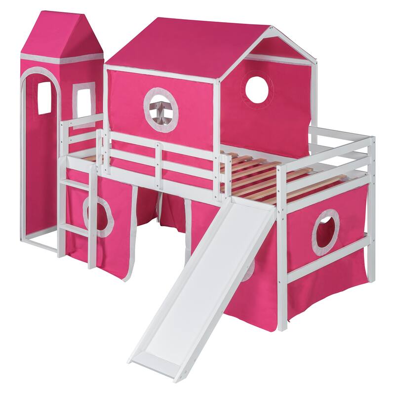Twin Size Loft Bed with Slide, Pink Tent, and Tower - Space-Saving Fun Design
