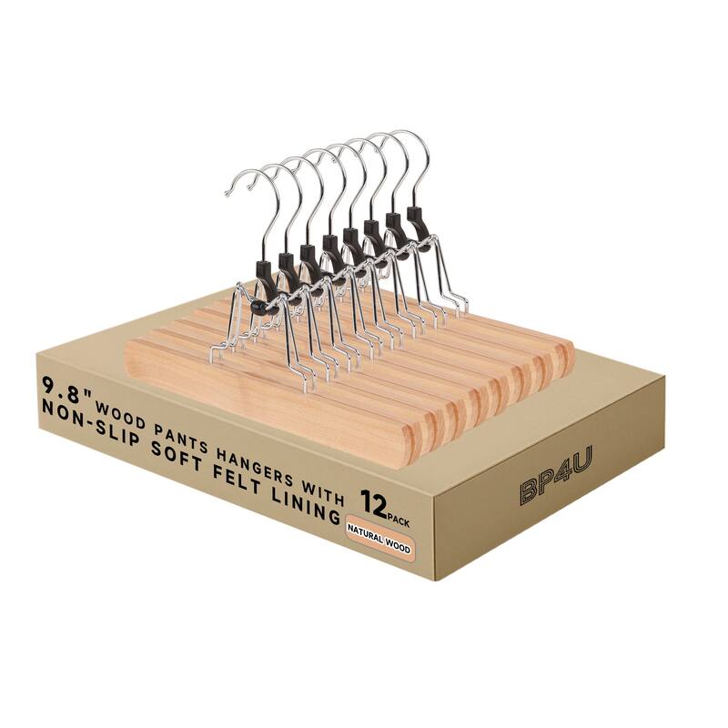BP4U Wooden Pants Hangers with Felt Lining, Solid Wood Skirt Hangers for Trousers, Jeans, Shorts, Delicate Fabrics - 12-Pack - 10-Inch/Natural Wood