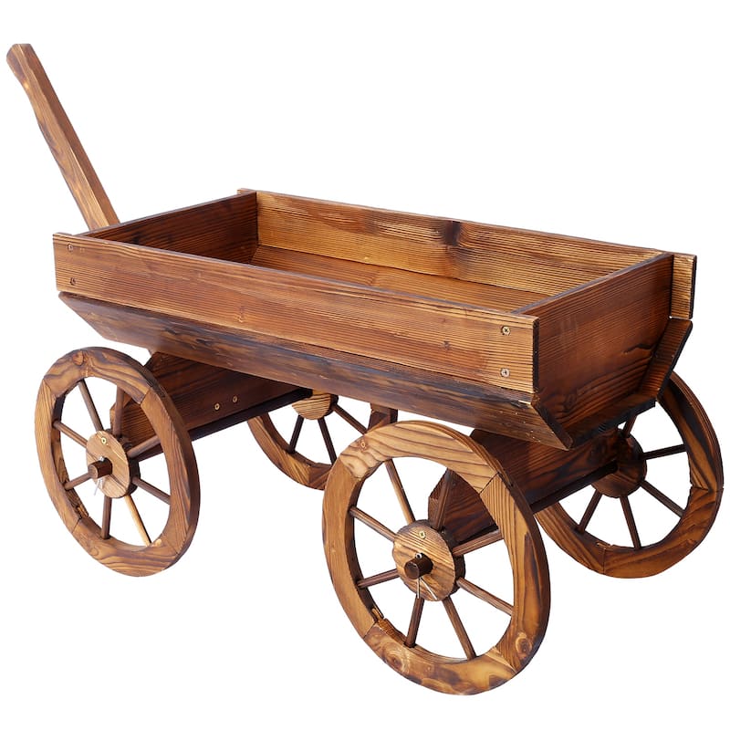 Wood Wagon Planter with Wheels, Mobile Garden Decor in Brown