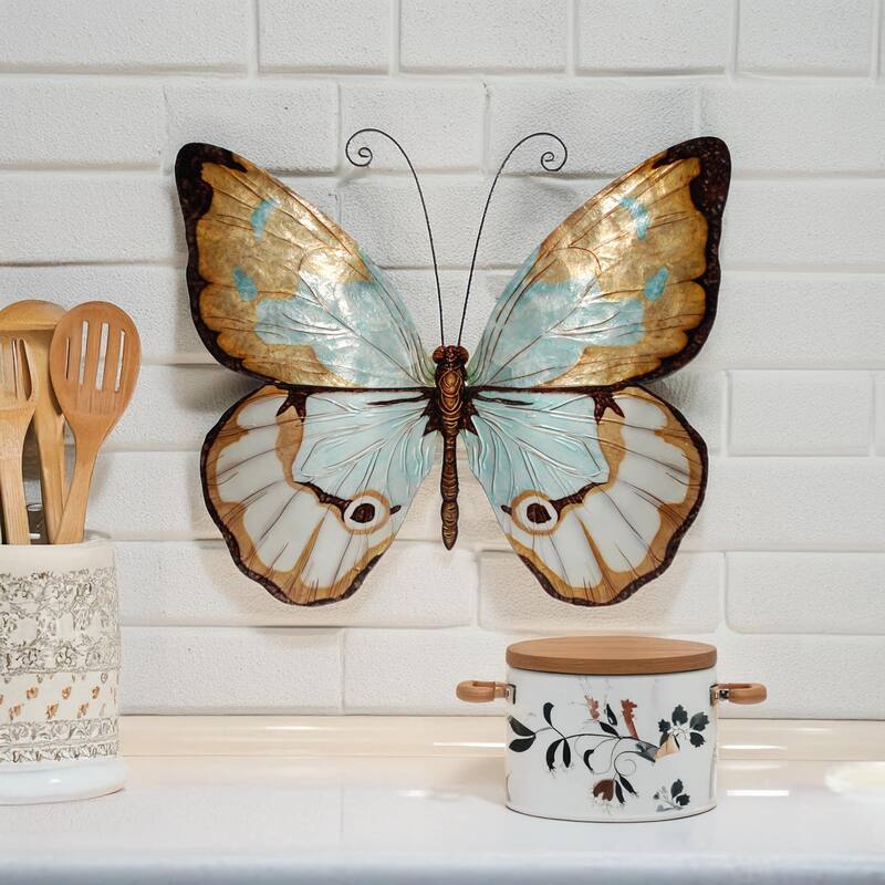 Eangee Handmade Butterfly Capiz Shell Wall Decor Copper With Aqua Large, 22 x 2 x 18 in.