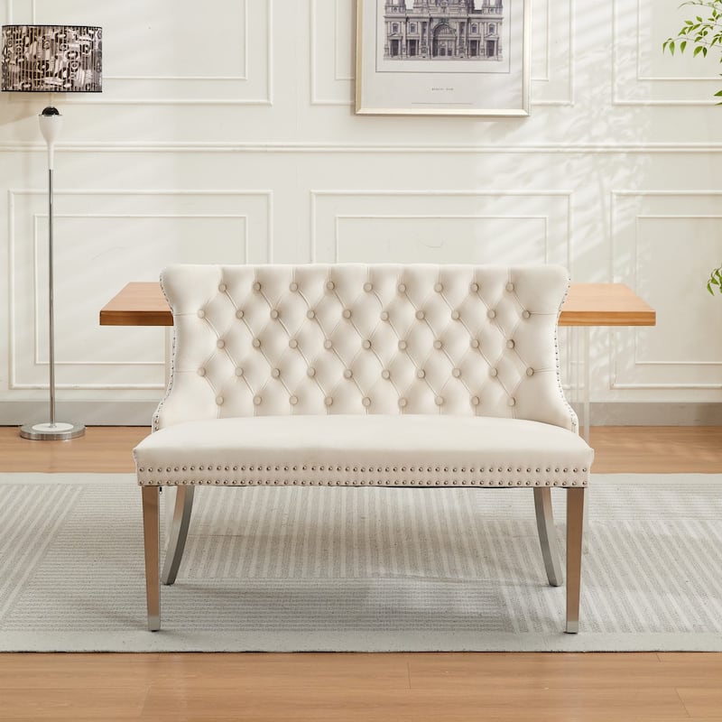 Roomfitters Upholstered Loveseat Bench with Nailhead Trim and Silver Legs, Modern High Back Settee for Dining Room
