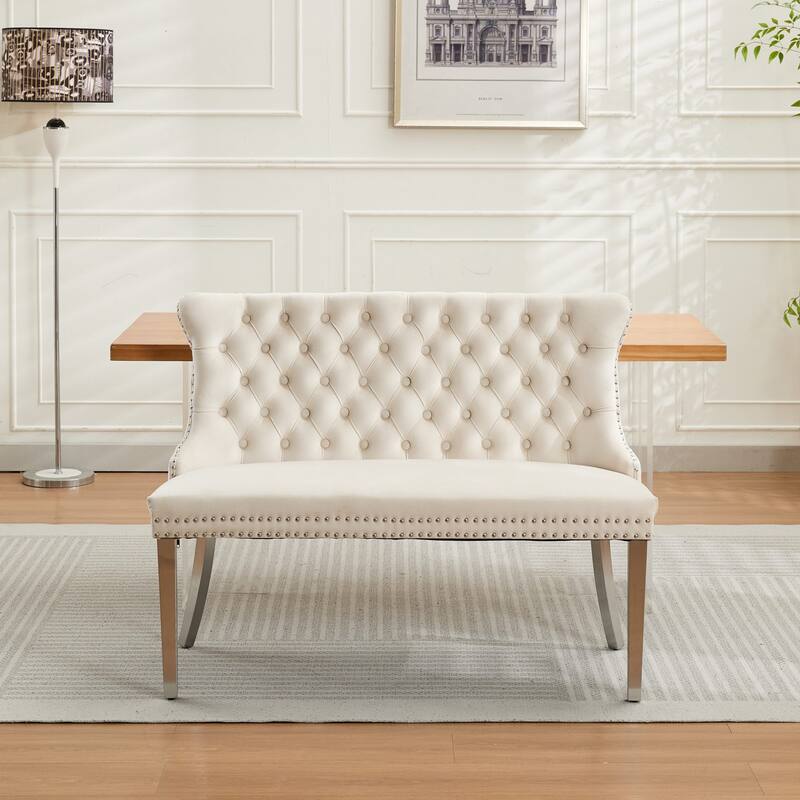 Velvet Double Dining Loveseat Bench, 2-Seat Tufted Bench w/Handmade Buttons, Wing Back, Stainless Steel Legs,Single Pack