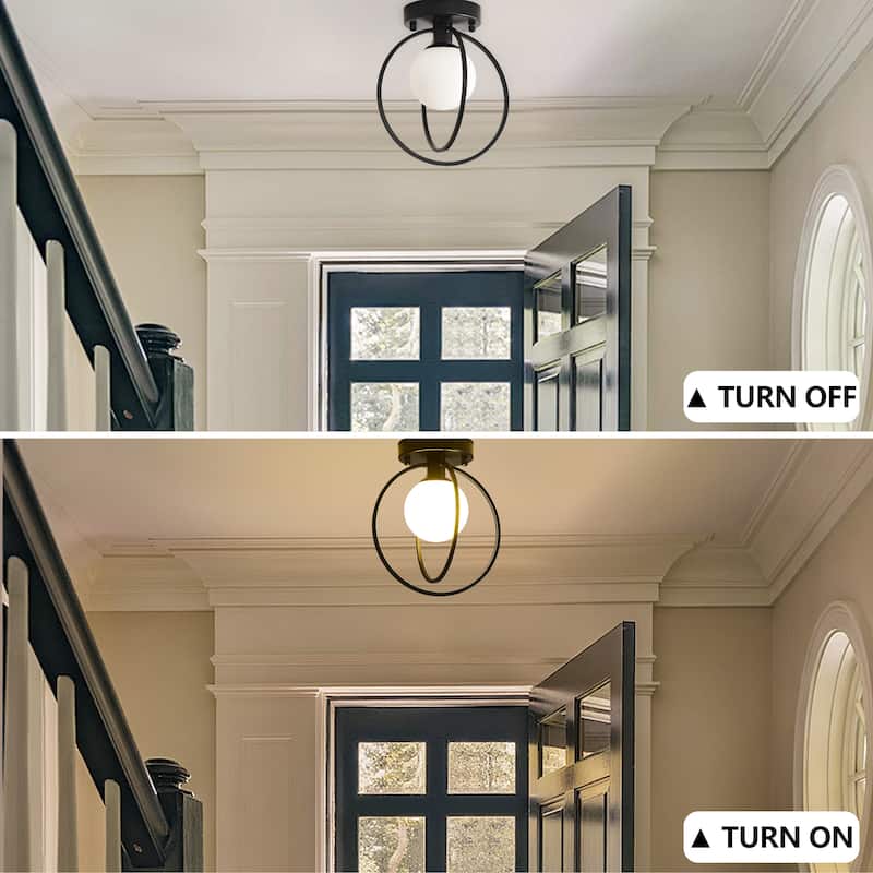 1-Light Semi-Flushmount Iron Metal Lamp with Frosted Glass Shade
