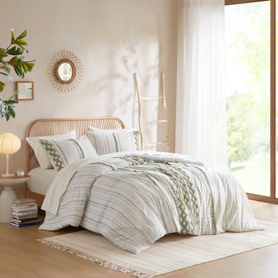 3 PCS King/Cal King Cotton Printed Comforter Set with Chenille Sage/Ivory