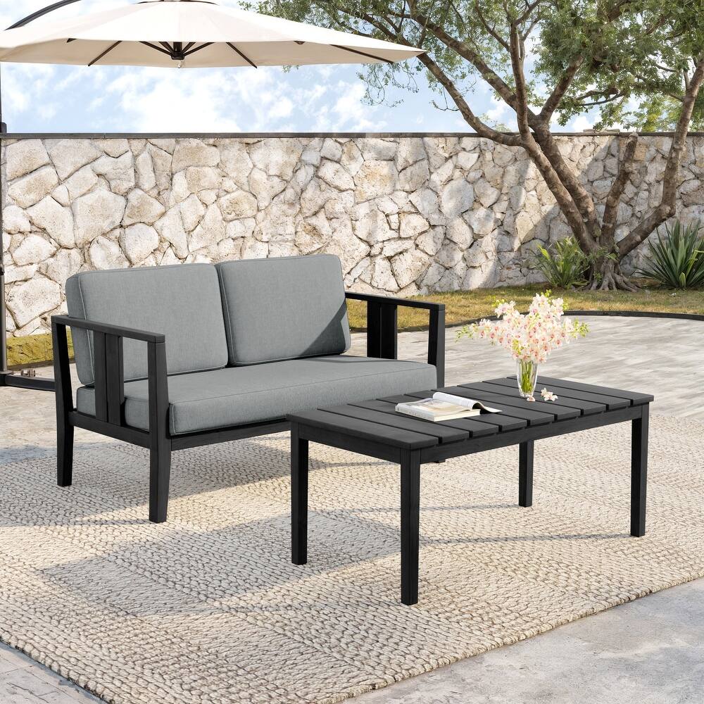 Teak Wood Water Resistant Outdoor Loveseat and Coffee Table Set (Set of 2)