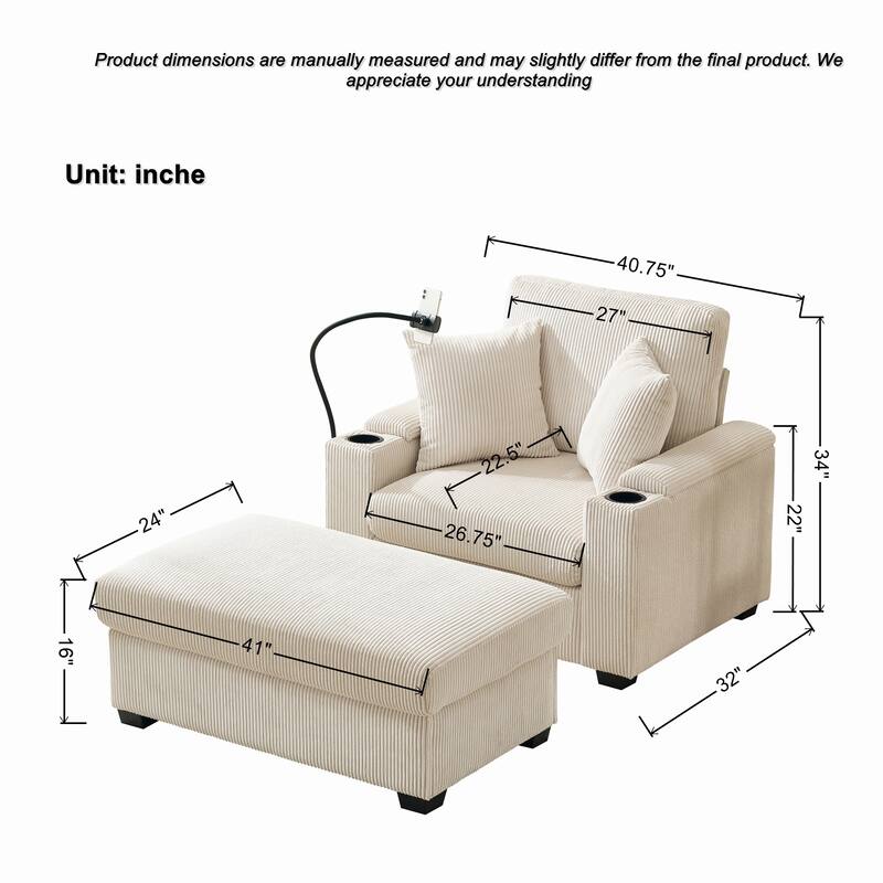 55" Oversized Chaise Lounge Chair Indoor With Ottoman And Storage,With Cup Holder,Mobile Phone Stand&Usb Charging Port