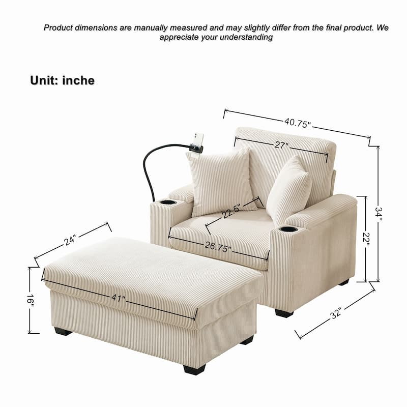 Chaise Lounge Chair with Storage Ottoman, Leisure Armchair with Cup Holder, Accent Chair with USB Charging Port