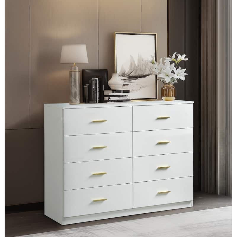 8 Drawer Dresser for Bedroom, Multi-functiona Wooden Storage Cabinet, Double Storage Chest with Drawers & Golden Handles - White