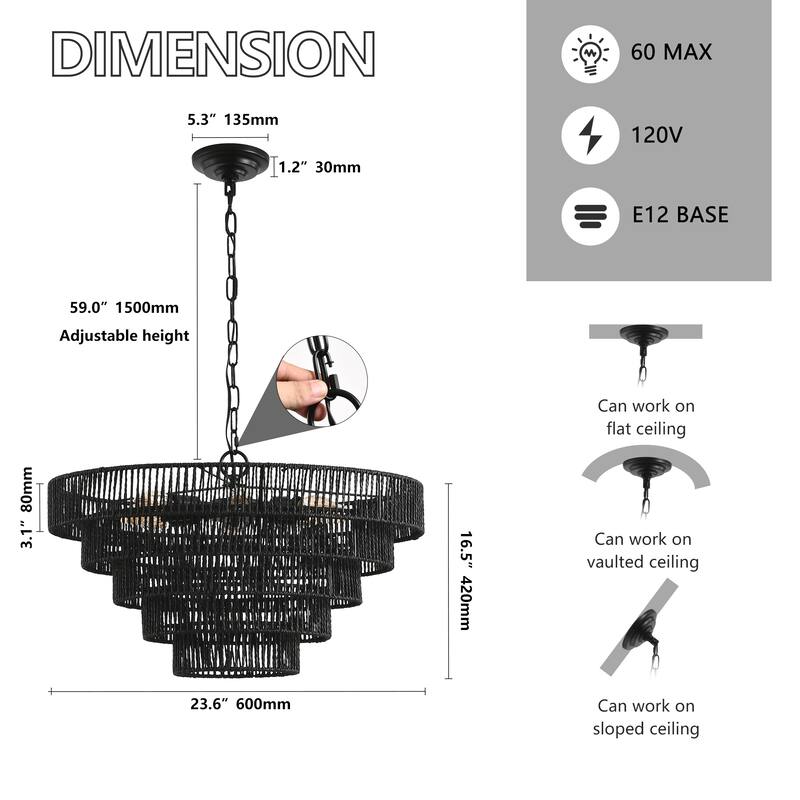 Rustic 5-Tier Rope Chandelier Boho Farmhouse Ceiling Fixture with 8 E12 Sockets, for Dining Room, Kitchen and Entryway