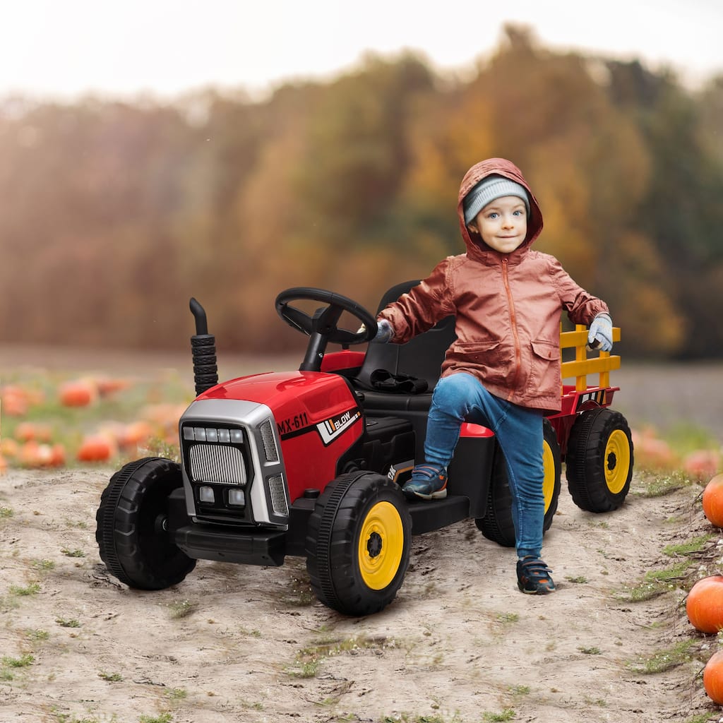 Aosom 12V Ride on Tractor with Trailer, 25W Dual Motors, Battery Powered Electric Tractor with Remote Control