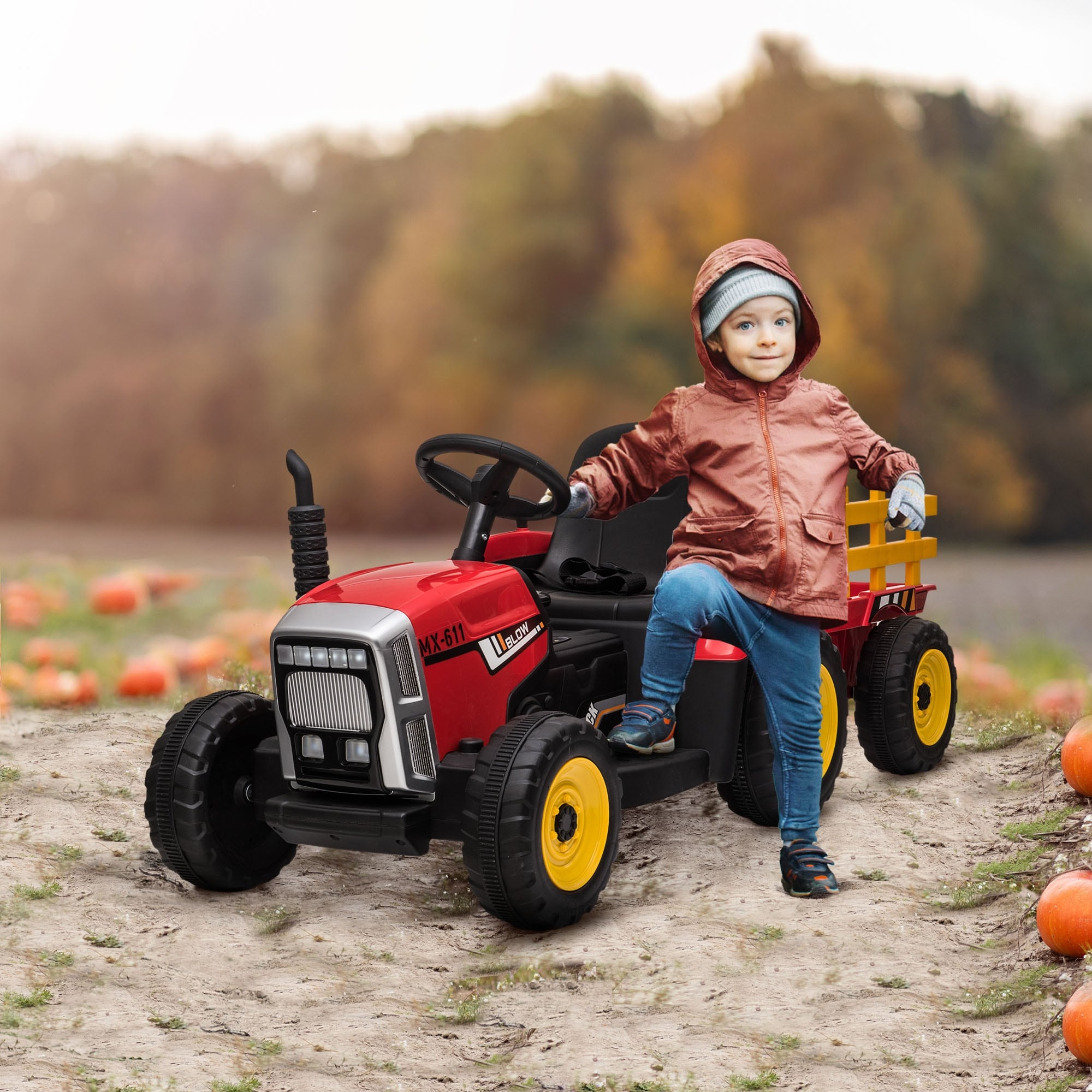 Aosom 12V Ride on Tractor with Trailer, 25W Dual Motors, Battery Powered Electric Tractor with Remote Control