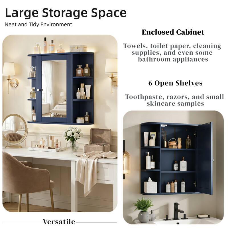 Bathroom Wall Storage Cabinet with Mirror, with Adjustable Wood Shelf & Doors, Mounted Storage Cabinets with 6 Open Shelves