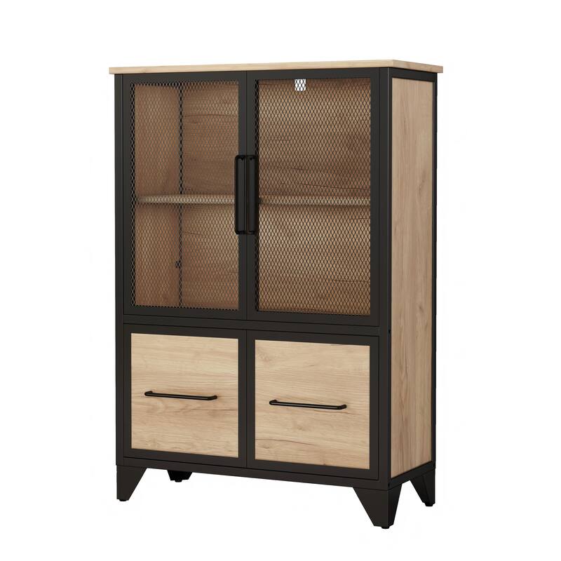 Storage Cabinet With 4 Iron Doors,Black Metal Handle,Sideboard With Adjustable Shelf,Black Sturdy Metal Frame and Metal Legs