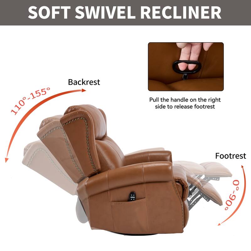 Genuine Leather Swivel Recliner Chair, Sofa Chair with Side Pockets, Manual Recliner Chair with Heat & Massage