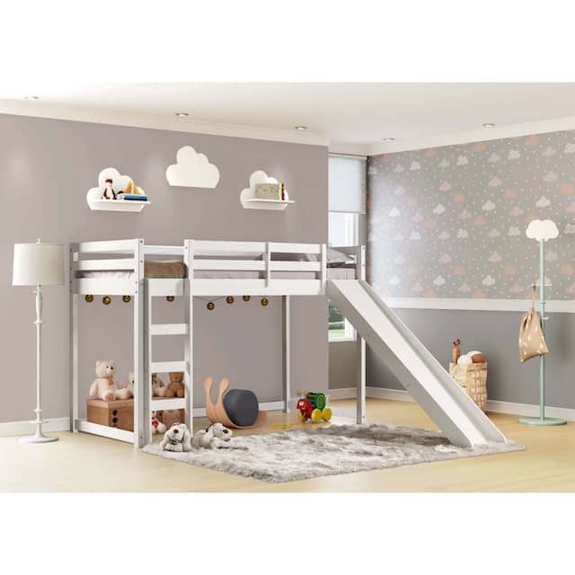 Themes and Rooms Twin Solid Wood Low Loft with Slide - White - Twin