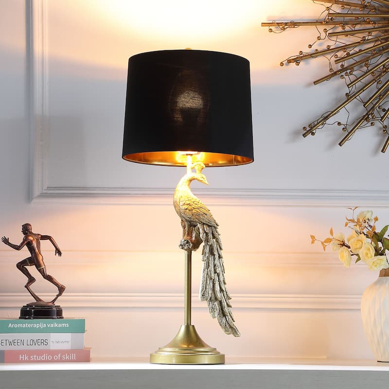 29" In Modern Elegance Golden Peacock On A Pedestal Polyresin Table Lamp