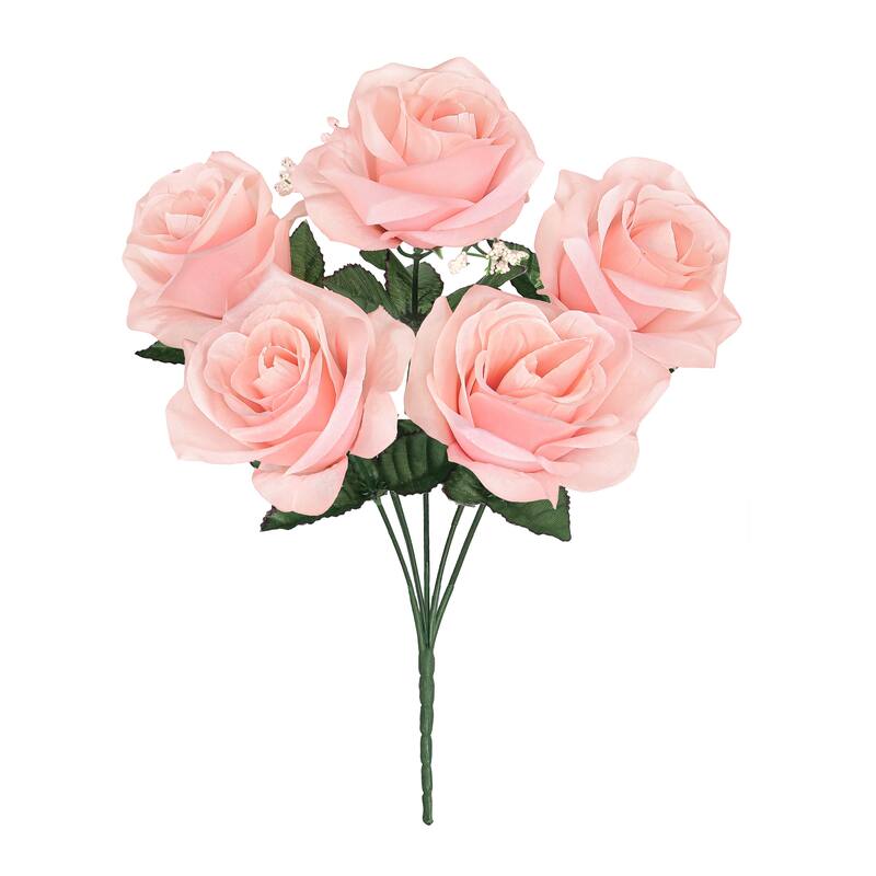 Set of 12 Pink Peach Artificial Open Rose Flower Stem Bush Bouquet 14in - 14" L x 7" W x 7" DP