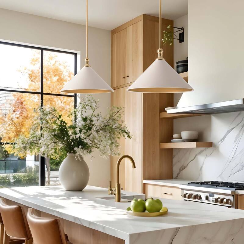 Giza Modern Pendant Light - Metal & Gold, White Cone Light Fixture For Mid-Century, Modern, Contemporary Room Decor - 17"