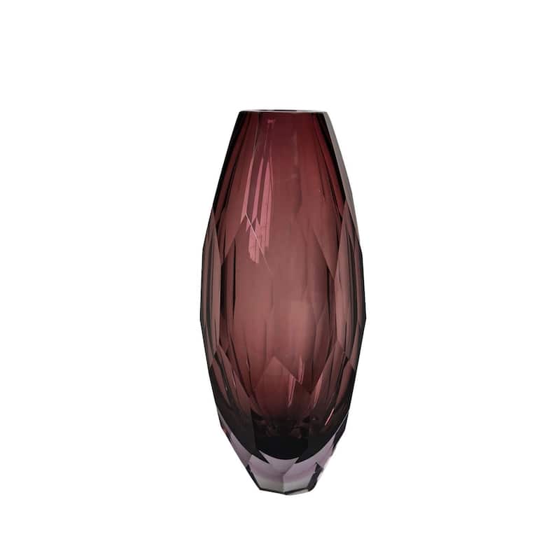 Plum Fancy Cut Glass Vase with Art Deco Inspired Geometric Design