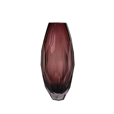 Plum Fancy Cut Glass Vase with Art Deco Inspired Geometric Design