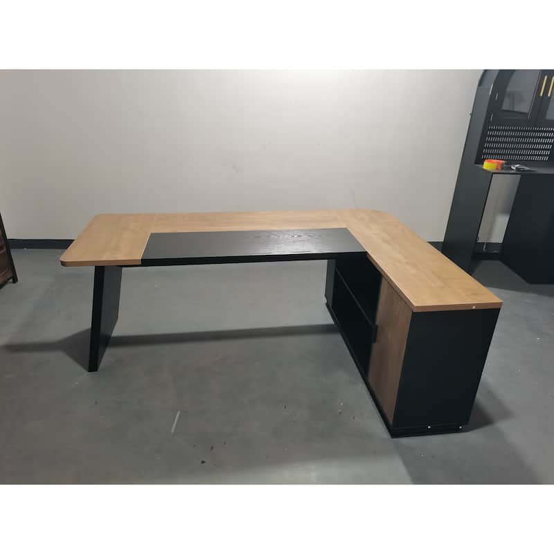 78.7 Inch L-Shaped Executive Desk, Large Office Desk with Cabinet - Natural Wood+ Black