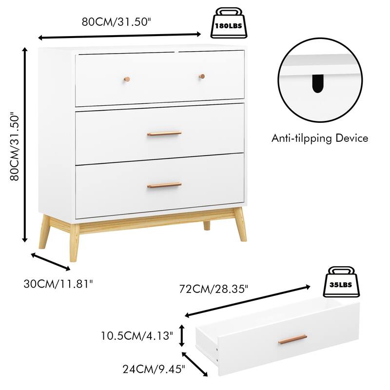 Nordic Style 3-Drawer Storage Cabinet, Modern White Chest of Drawers with Rose Gold Handles & Solid Wood Base