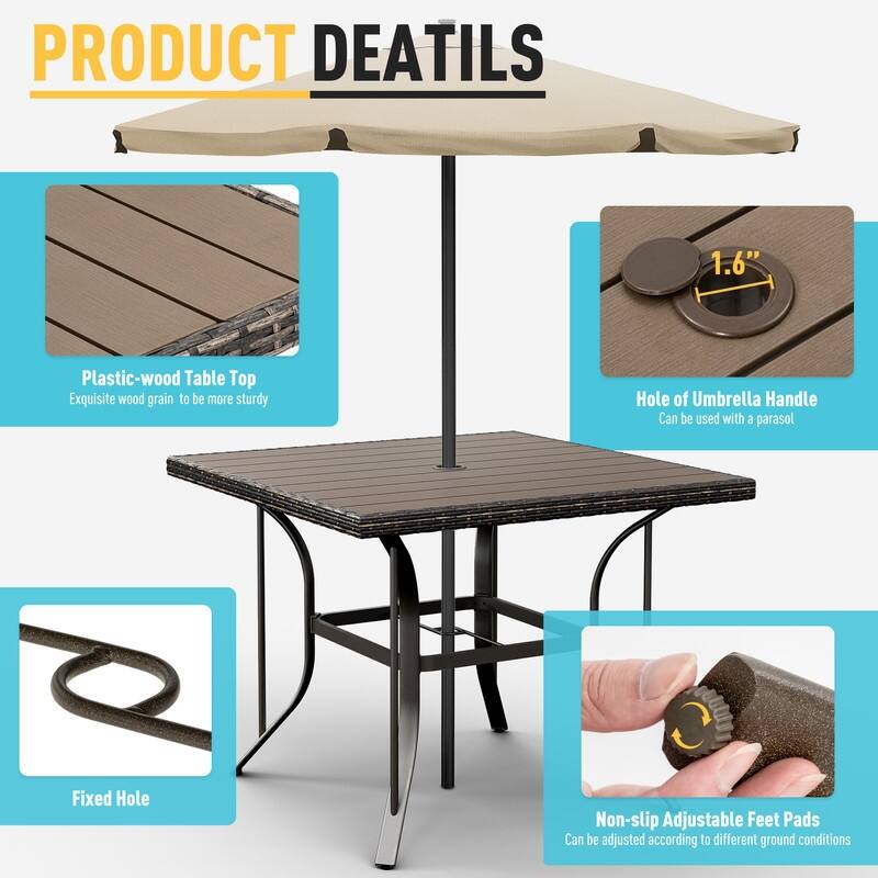 5-Piece Metal Patio Outdoor Dining Set with Square Table and Rattan Swivel Chairs with Cushion