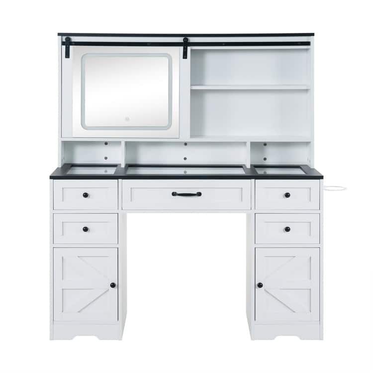 White Vanity Desk with Adjustable Sliding Mirror & Built-in Lights - White