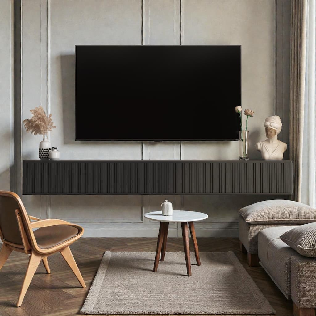 Floating TV Stand with LED Lights and Power Outlet, Wall Mounted High Gloss TV Cabinet for Living Room