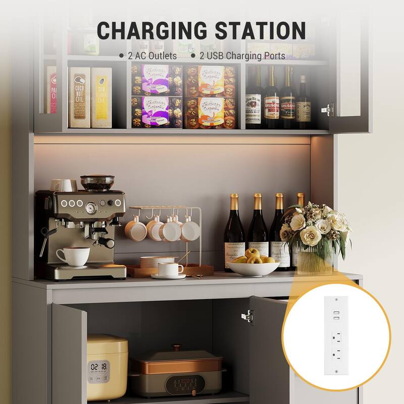 71" Pantry Cabinet with Charging Station,Tall Kitchen Pantry Storage Cabinet with Led Lights - Grey