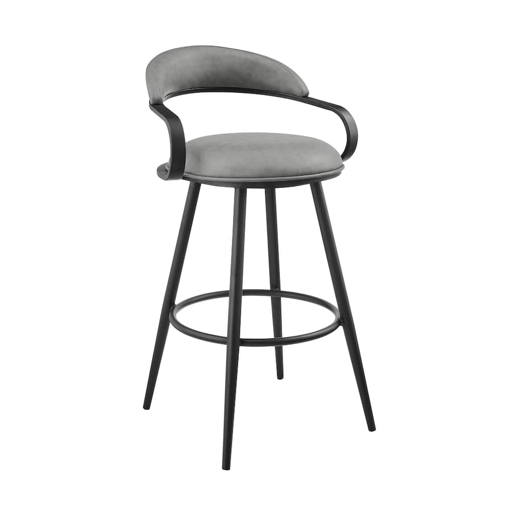 Gargy Swivel Barstool Chair with Floating Back, Black, Gray Faux Leather