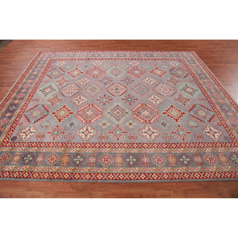 Hand Knotted Oriental 100% Wool Carpet Traditional Geometric Greys & Charcoal Kazak Area Rug - 9' 9'' X 8' 2''