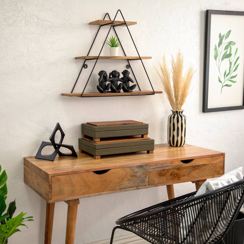 Sagebrook Home 20" Wooden Triangle Shelf with Metal Frame, 3 Tiered Wall Shelf in Brown, Rustic Farmhouse Storage - 25" x 6.5" x 20" - Brown