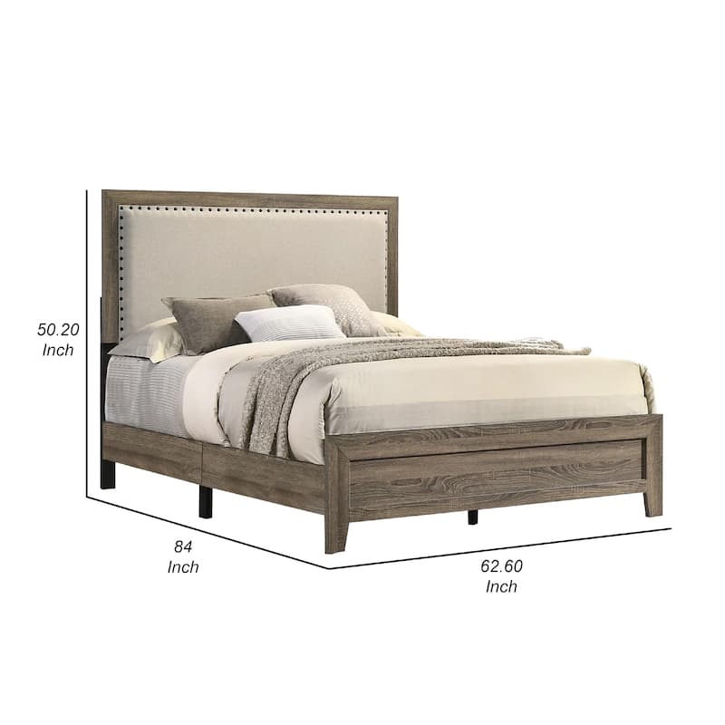 Shannon Queen Panel Bed with Nailhead Trim, Ivory Fabric, Gray Wood