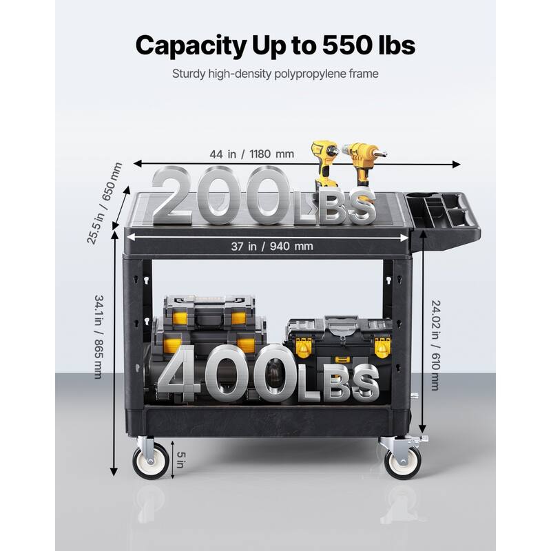 2-Shelf Utility Cart with Wheels, Heavy Duty Service Cart for Workshop - 44 x 25.5 x 34.1 in