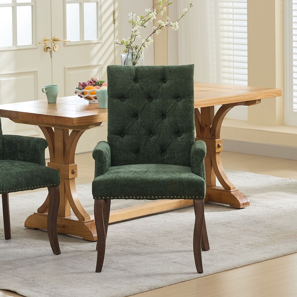 Roomfitters Chenille Upholstered Dining Chair, Tufted High-Back Accent Armchair with Curved Wood Legs