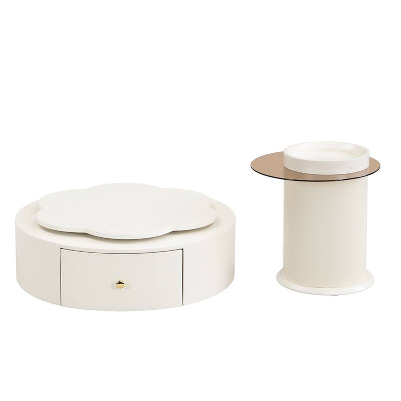 Round Coffee Table Set of 2, 360-Degree Rotatable Flower-Shaped Top Table with 2 Drawers, Glass Top Side Table End Table