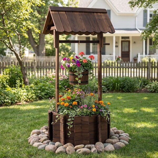 Costway Outdoor Wooden Wishing Well Bucket Flower Plants Planter