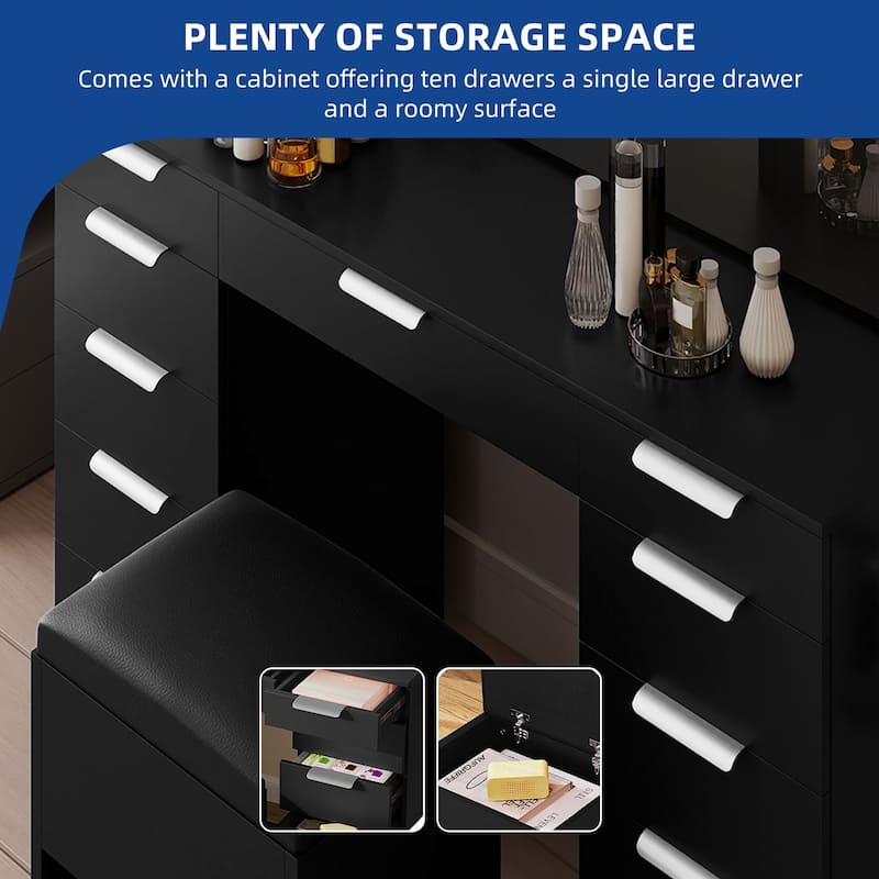 Makeup Vanity Set with Oversized Mirror 3 Color LED Lights Charging Hub 11 Drawers and Comfy Storage Stool for Bedroom