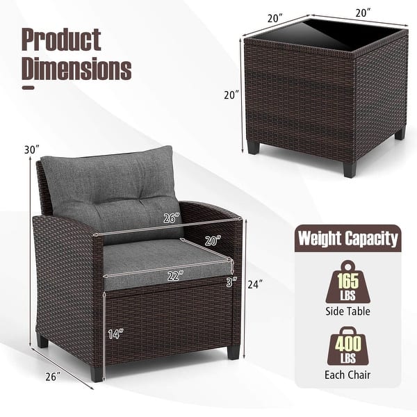 dimension image slide 2 of 3, Costway 3PCS Patio Rattan Furniture Set Cushioned Conversation Set - See Details