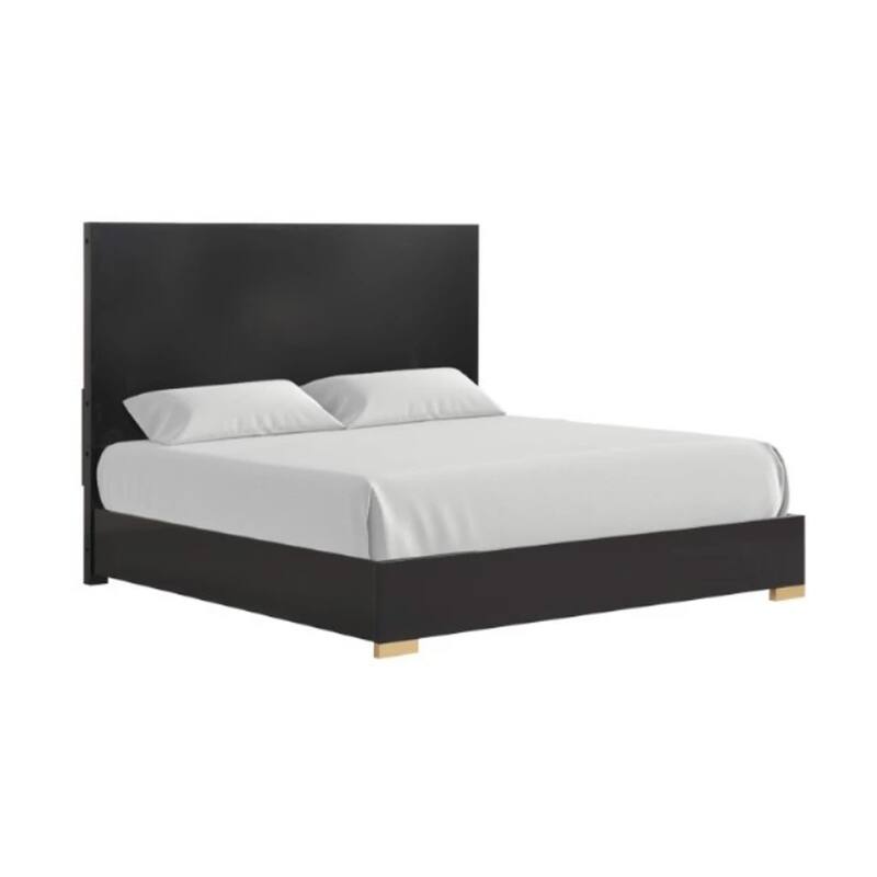 Goldie Queen Size Panel Bed, Black and Gold Pine Wood, Contemporary